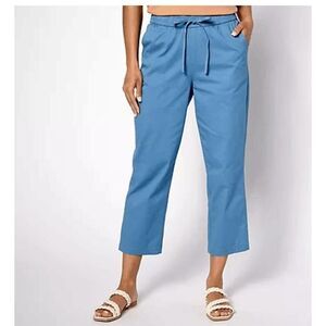 Denim & Co Womens Medium EasyWear Twill Crop Pants Tie Waist Blue Pockets NWT)